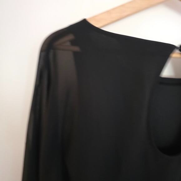 Express Black Sheer Sleeve Mini Dress Knee Size S Elastic Waist Keyhole Back - Picture 8 of 16